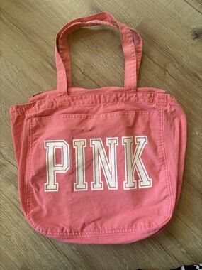 PINK Victoria's Secret Coral-Pink Canvas Tote with Bold Logo